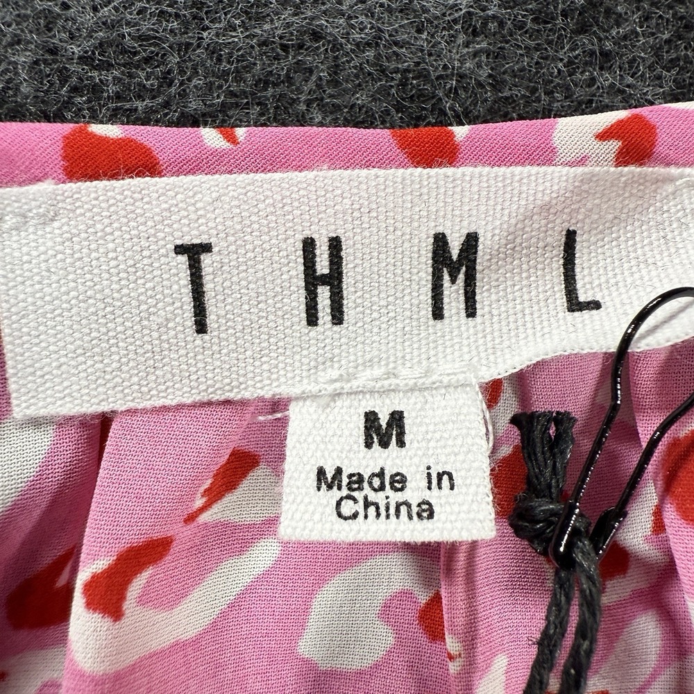 THML Blouse Women Medium Pink Hearts Ruffle Smocked Waist Whimsical Romantic - Picture 3 of 7